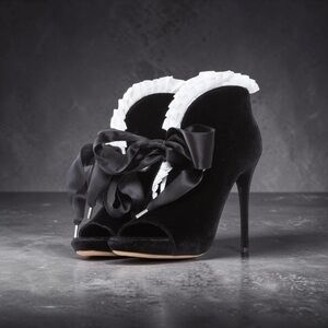 ALEXANDER MCQUEEN Black Velvet Frill Detail Open Toe Ankle Boots - Size 37